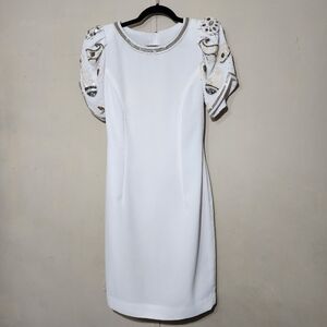 Vintage White Jack Bryan Magnin Dress with Beaded Crew Cut Neckline. Size 10